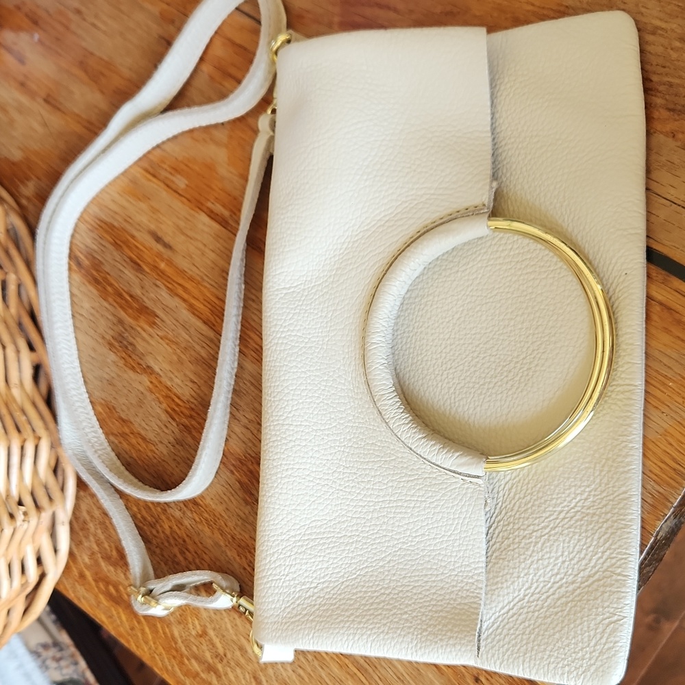 Pebbled Leather‎ Chic Cream Ring Handle Foldover Clutch